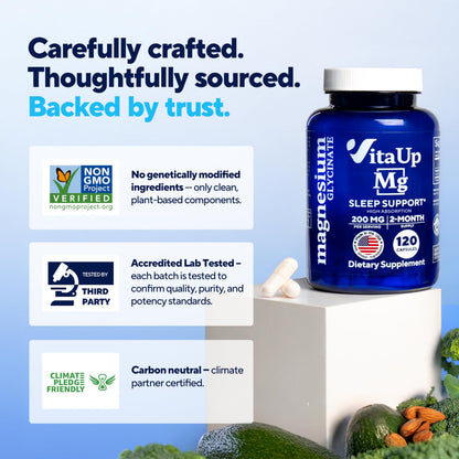 VitaUp Magnesium Glycinate 200mg - USA Made, High-Absorption for Sleep & Heart