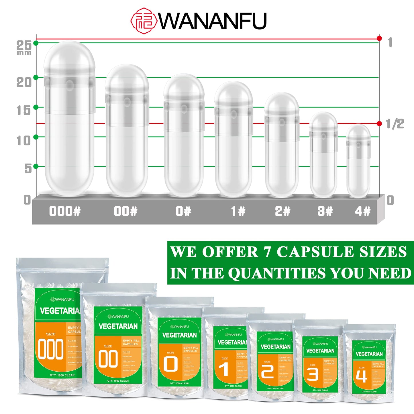 Wananfu Size 000 Vegetarian Empty Capsules (1000 Count) Bundle with Micro Spoon