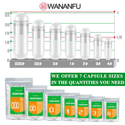 Wananfu Size 000 Vegetarian Empty Capsules (1000 Count) Bundle with Micro Spoon