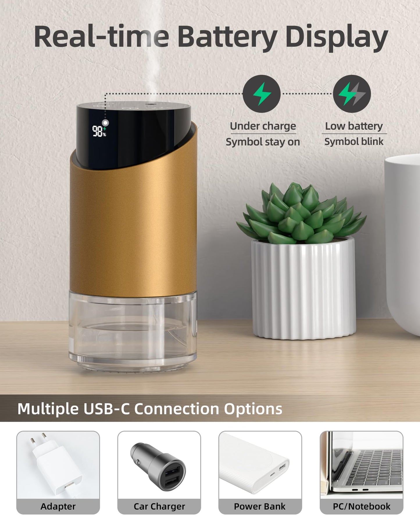 Waterless Essential Oil Diffuser – 100ml, 4 Timers, 3 Mist Levels, Battery Powered, Golden