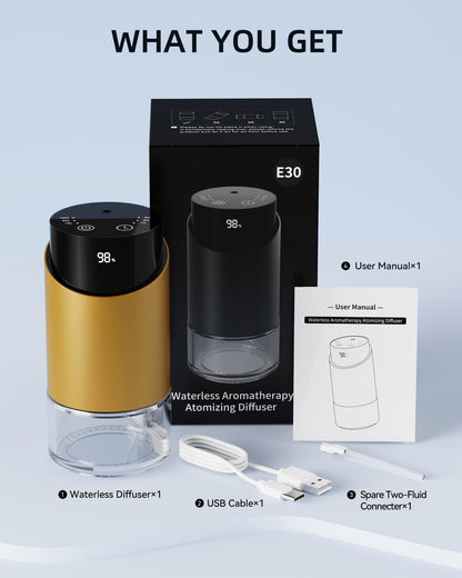 Waterless Essential Oil Diffuser – 100ml, 4 Timers, 3 Mist Levels, Battery Powered, Golden