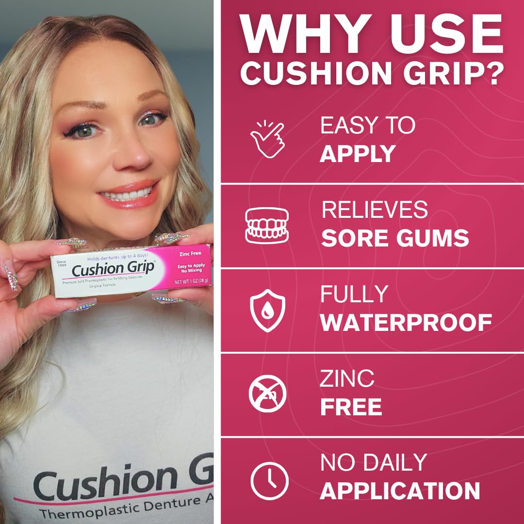 Cushion Grip Thermoplastic Denture Adhesive 1oz (6 Pack) – Extra Strong Hold Up to 4 Days
