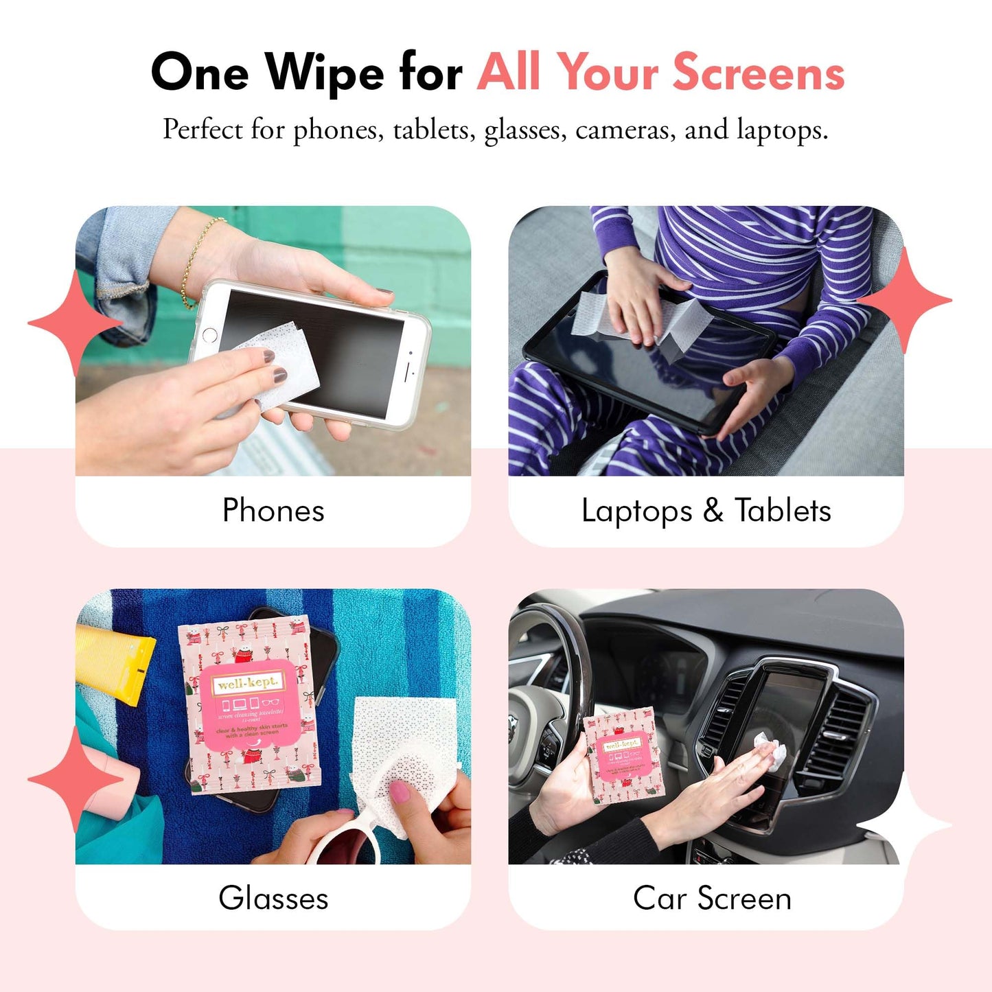 Well-Kept Tech & Lens Wipes - 6 Pack (90 Count) | Eyeglass, Screen & Phone Cleaning | Choupette