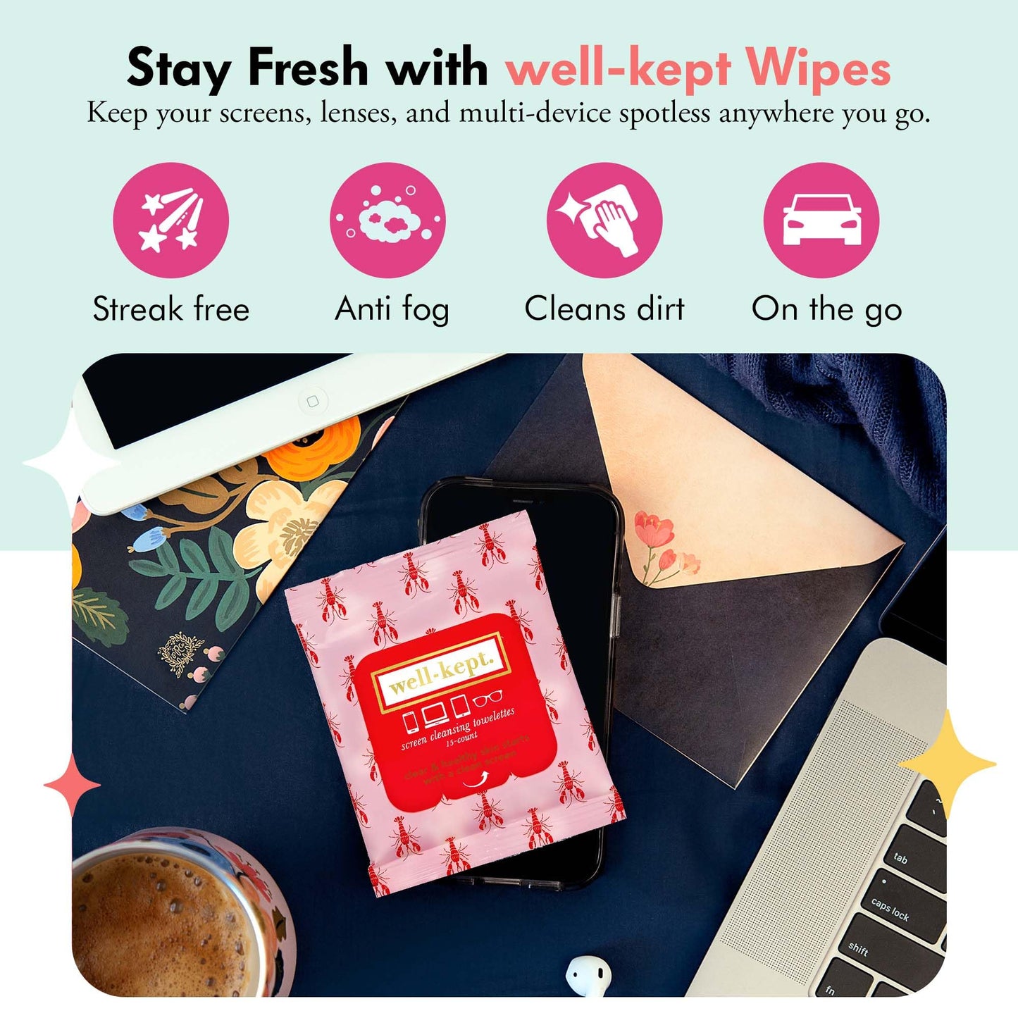 Well-Kept Tech & Lens Wipes – 6 Pack (90 Count) – Streak-Free Cleaning for Glasses, Screens & Devices | Lobsterfest
