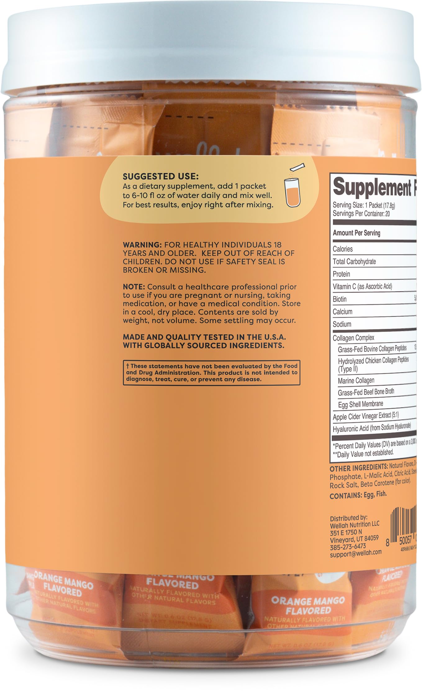 Wellah The Afterglow Multi Collagen Protein + Beauty — Orange Mango, 20 Stickpacks