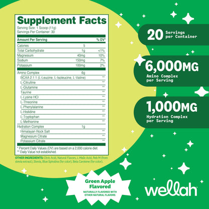 Wellah So Long Soreness BCAA Powder – Green Apple, 30 Servings, Hydration Complex
