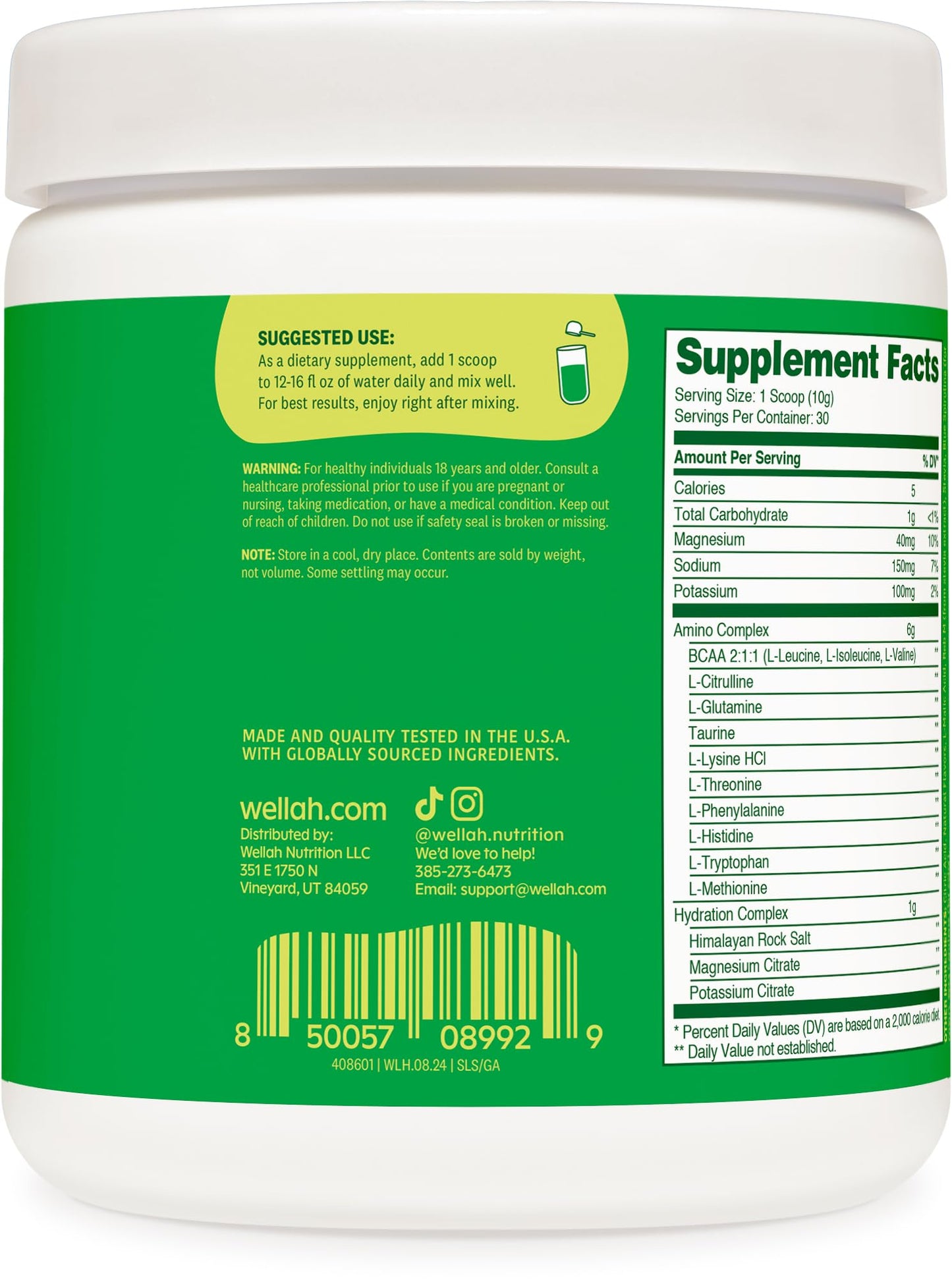 Wellah So Long Soreness BCAA Powder – Green Apple, 30 Servings, Hydration Complex