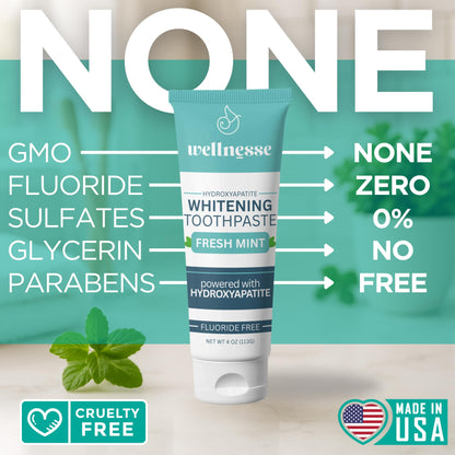 Wellnesse Whitening Toothpaste with Hydroxyapatite – Fluoride-Free, Xylitol, Enamel Strengthening (4 oz x 3)