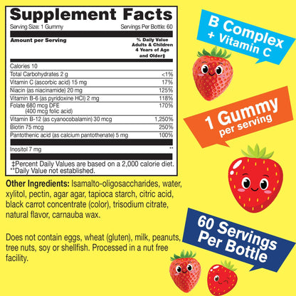 WellYeah Kids Vitamin B Complex Sugar Free Gummies | with Vitamin C, Folic Acid | Immune and Energy Support | Strawberry Flavor | 60 Count