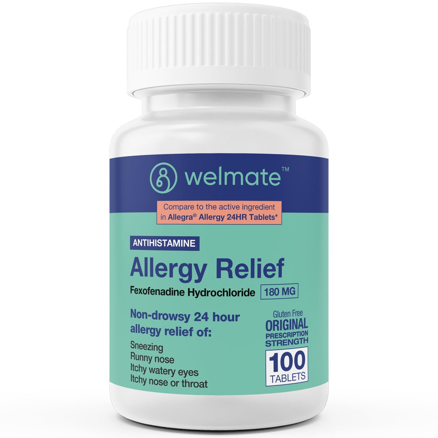 WELMATE Allergy Relief - Fexofenadine HCl 180 mg | 24 Hour Non-Drowsy Antihistamine | 100 Count