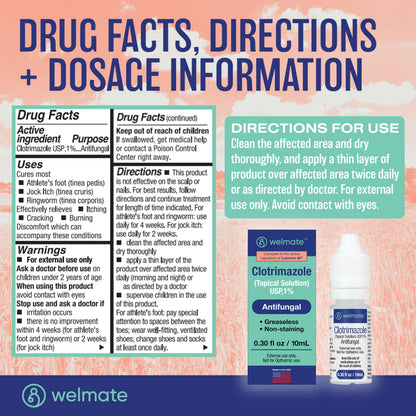 WELMATE Clotrimazole 1% Antifungal Topical Solution - 0.33 oz, 2 Pack