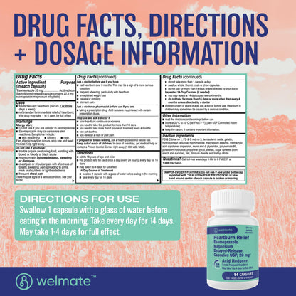 WELMATE Esomeprazole Magnesium 20mg — Heartburn Relief, 24-Hour Protection — 42 Capsules
