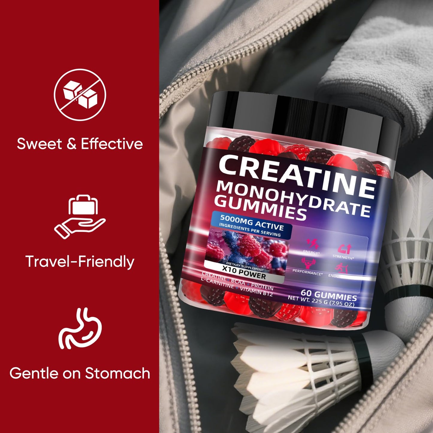 WEVYHFS Sports Creatine Gummies 60 Chews – Sugar-Free Vegan, BCAA, L-Carnitine, Taurine & B12