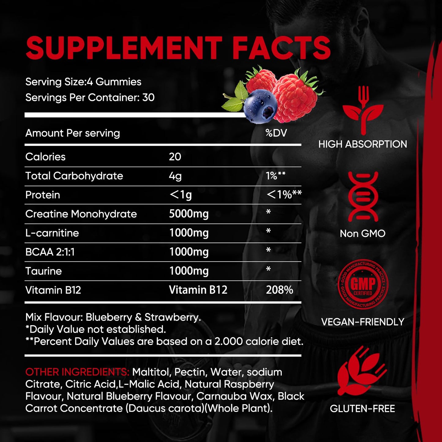 WEVYHFS SPORTS Creatine Gummies 5000mg – Sugar-Free Vegan with BCAA, L-Carnitine & B12 (120 Chews)