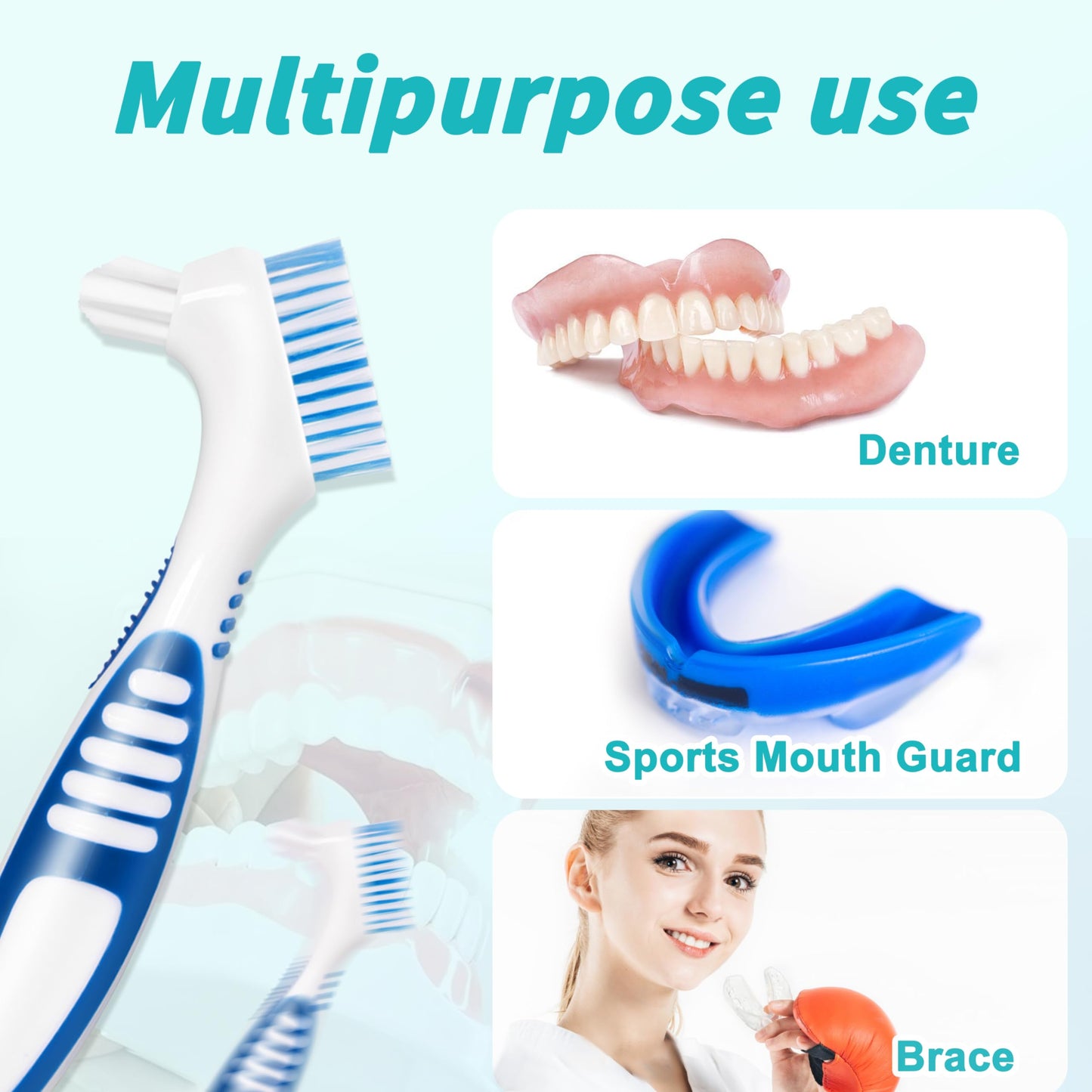 6 Pcs Denture Brush Set for False Teeth with White Carrying Case – Double-Sided Design, Multi-Layered Soft Bristles, Rubber Anti-Slip Handle, 4 Colors