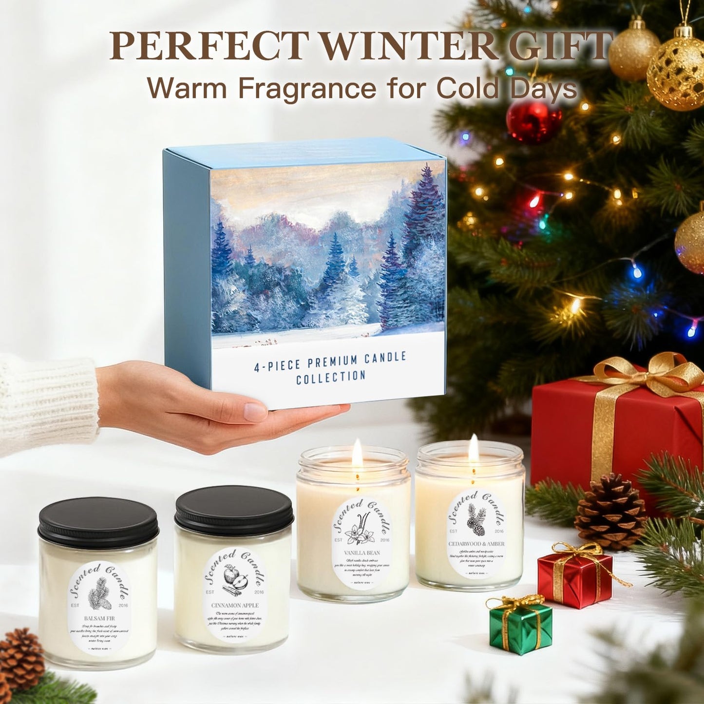 Winter Candle Gift Set - 4 Pack 7oz Soy Candles (28oz Total) | Cinnamon Apple, Balsam Fir, Vanilla Bean, Cedarwood & Amber
