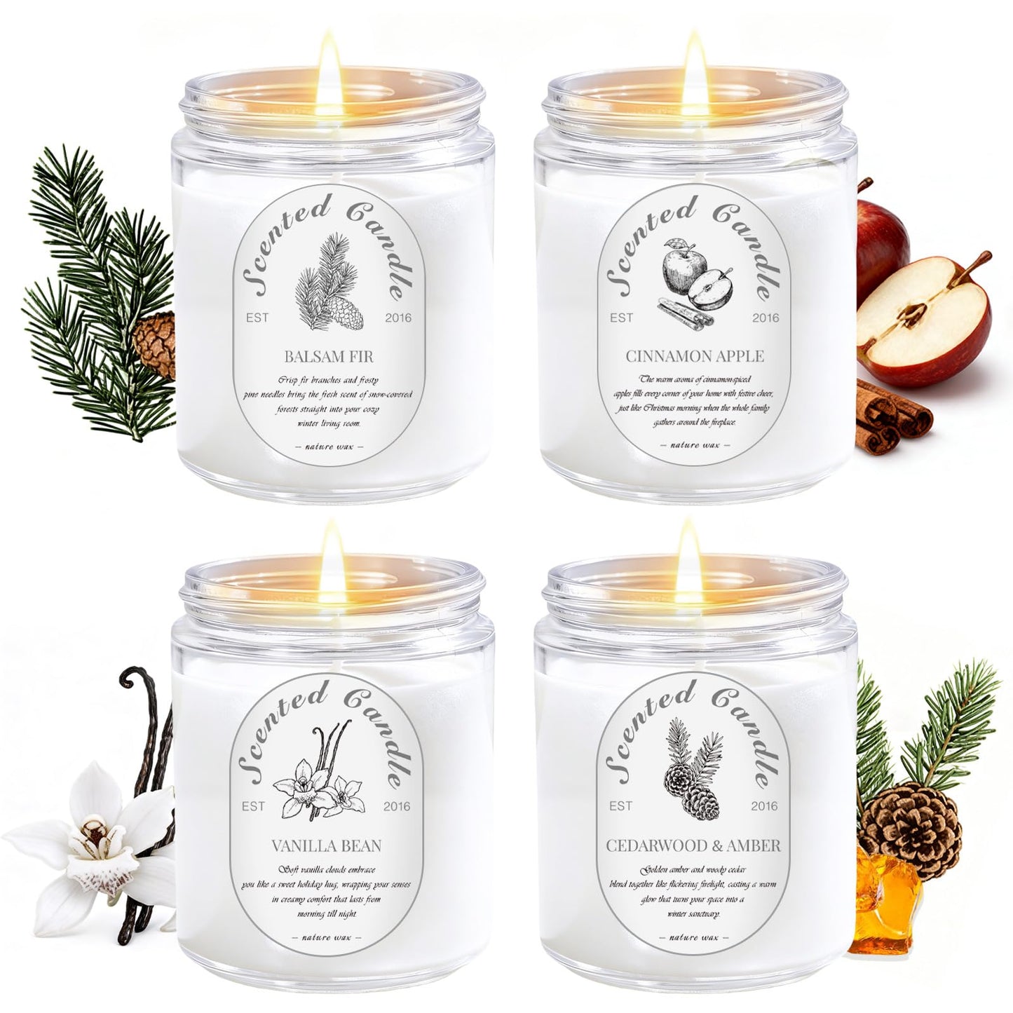 Winter Candle Gift Set - 4 Pack 7oz Soy Candles (28oz Total) | Cinnamon Apple, Balsam Fir, Vanilla Bean, Cedarwood & Amber