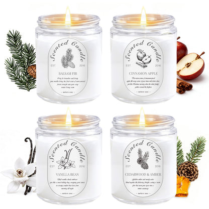 Winter Candle Gift Set - 4 Pack 7oz Soy Candles (28oz Total) | Cinnamon Apple, Balsam Fir, Vanilla Bean, Cedarwood & Amber