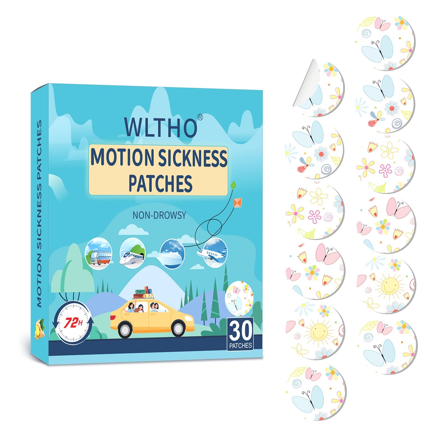 WLTHO 60ct Motion Sickness Patches - Non-Drowsy, Waterproof Behind Ear