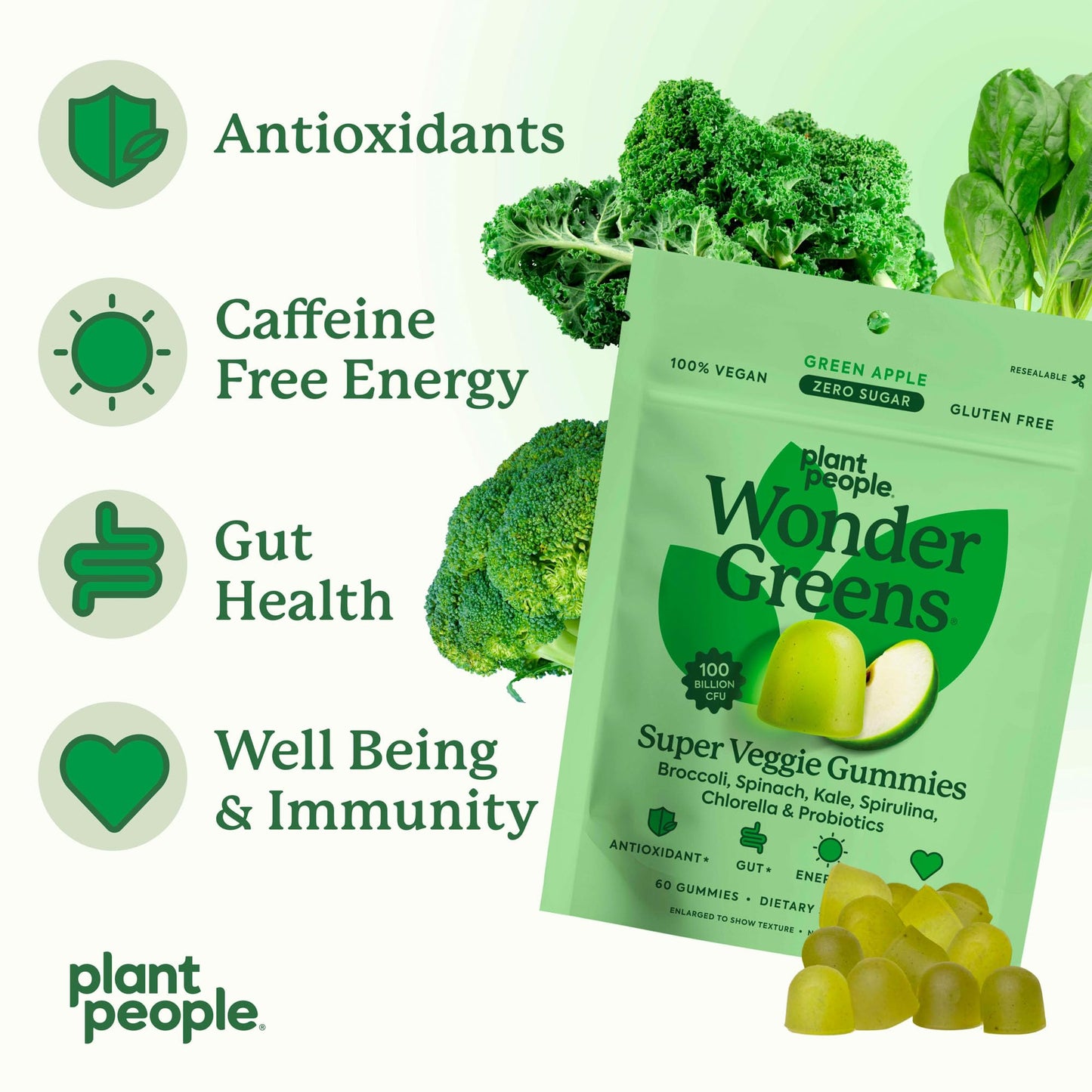 WonderGreens Veggie Gummies with Probiotics & Multivitamins – Green Apple, 60 Count
