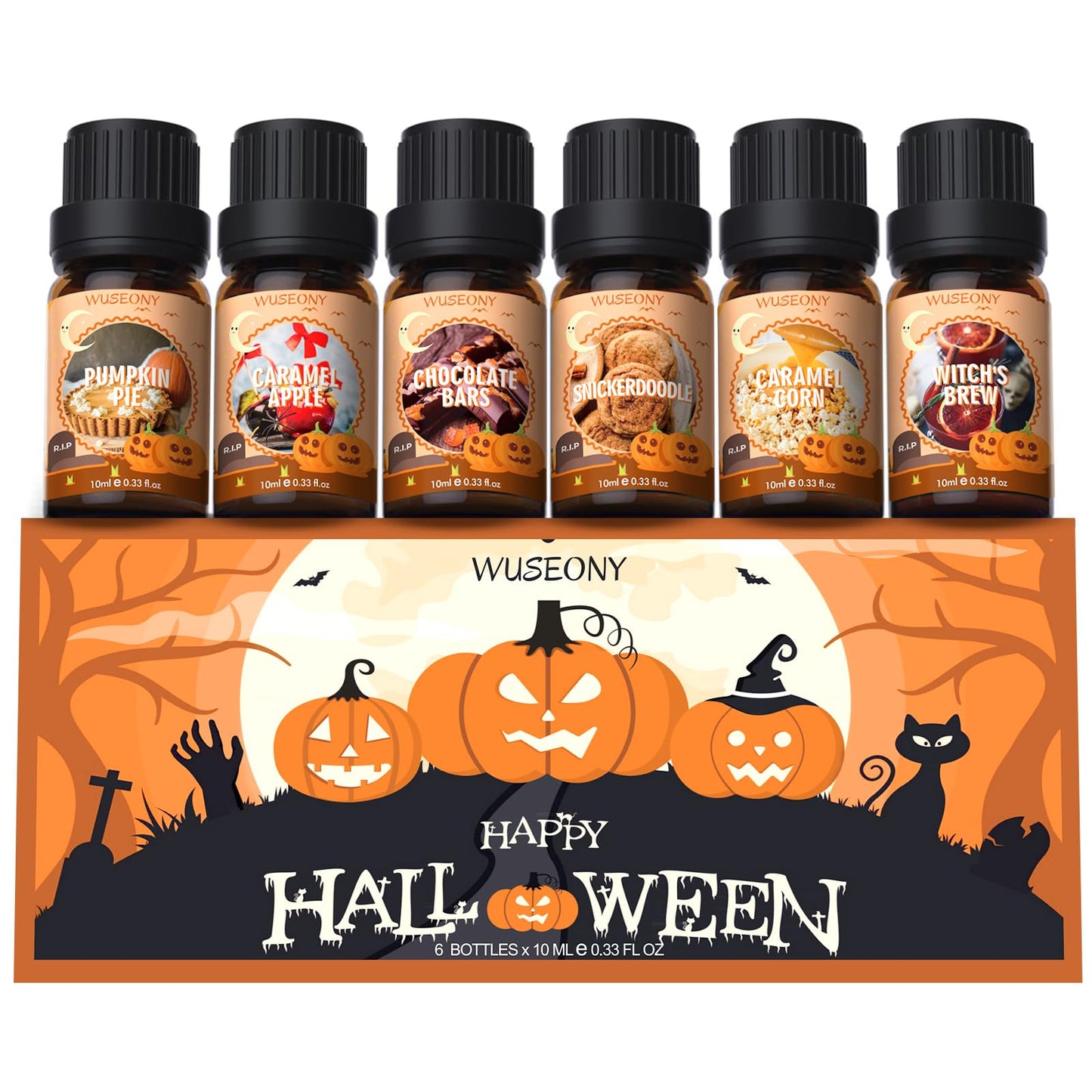 WUSEONY Halloween Fragrance Oils Set – Pumpkin Pie, Caramel Apple, Chocolate Bars, Snickerdoodle, Caramel Corn, Witch's Brew