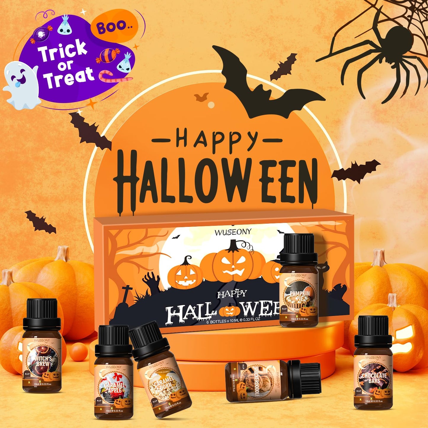 WUSEONY Halloween Fragrance Oils Set – Pumpkin Pie, Caramel Apple, Chocolate Bars, Snickerdoodle, Caramel Corn, Witch's Brew