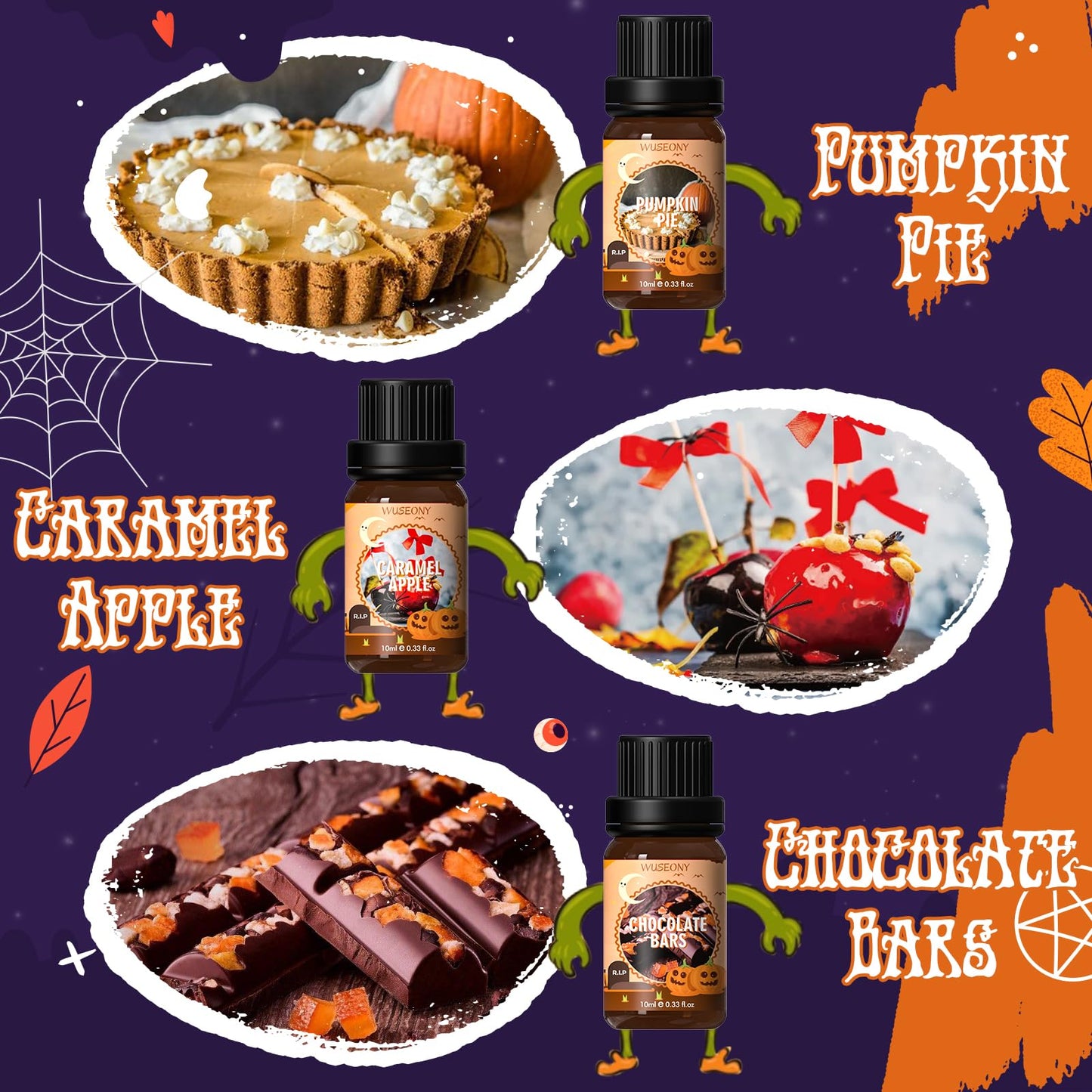 WUSEONY Halloween Fragrance Oils Set – Pumpkin Pie, Caramel Apple, Chocolate Bars, Snickerdoodle, Caramel Corn, Witch's Brew