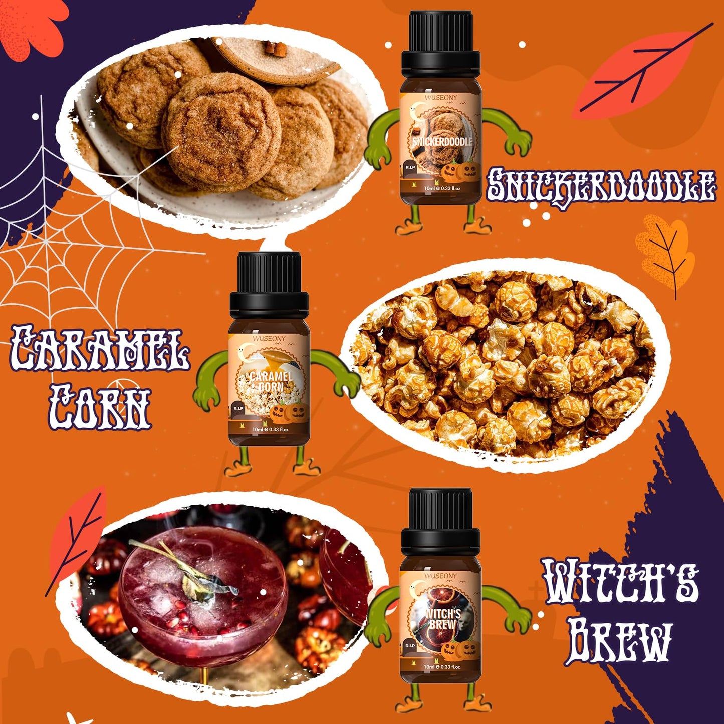 WUSEONY Halloween Fragrance Oils Set – Pumpkin Pie, Caramel Apple, Chocolate Bars, Snickerdoodle, Caramel Corn, Witch's Brew