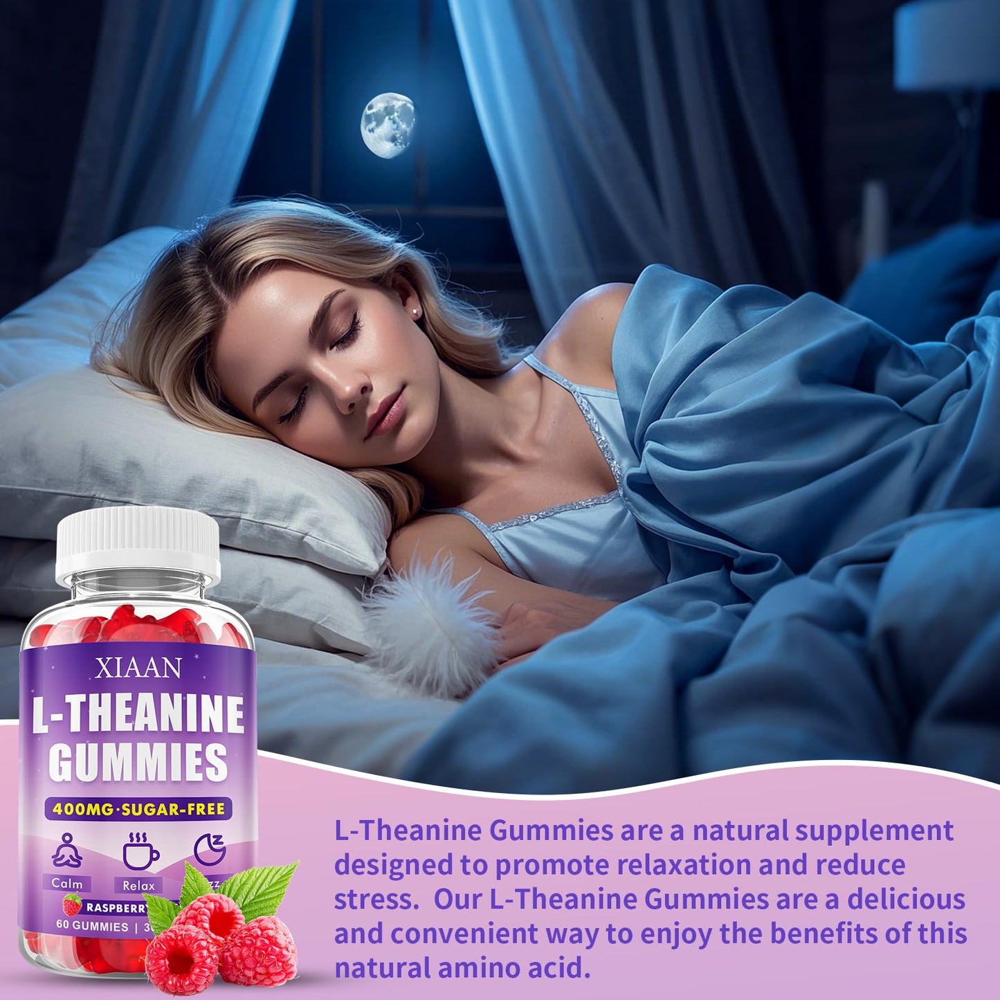XIAAN L-Theanine Gummies – 400mg, Calm & Sleep Support (Vegan Raspberry)