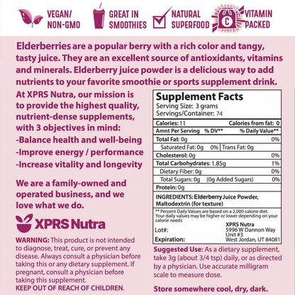 XPRS Nutra Elderberry Juice Powder - Organic Elderberry Powder, Vitamin A & C - 8 oz Pack of 2