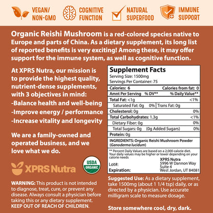 XPRS Nutra Organic Red Reishi Powder 4oz – Cognition & Energy (Vegan)
