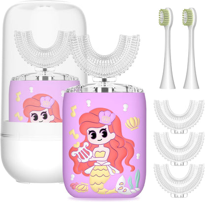 Yeklike Kids U-Shaped Electric Toothbrush Purple – 6 Brush Heads, 6 Sonic Cleaning Modes, Mermaid LED, USB Rechargeable for Ages 2-15