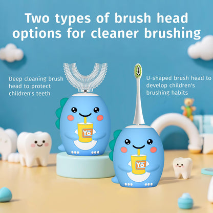 yeklike Kids U-Shaped Electric Toothbrush | 360° Cleaning, IPX7 Waterproof, Cartoon Dinosaur - for 2-7y