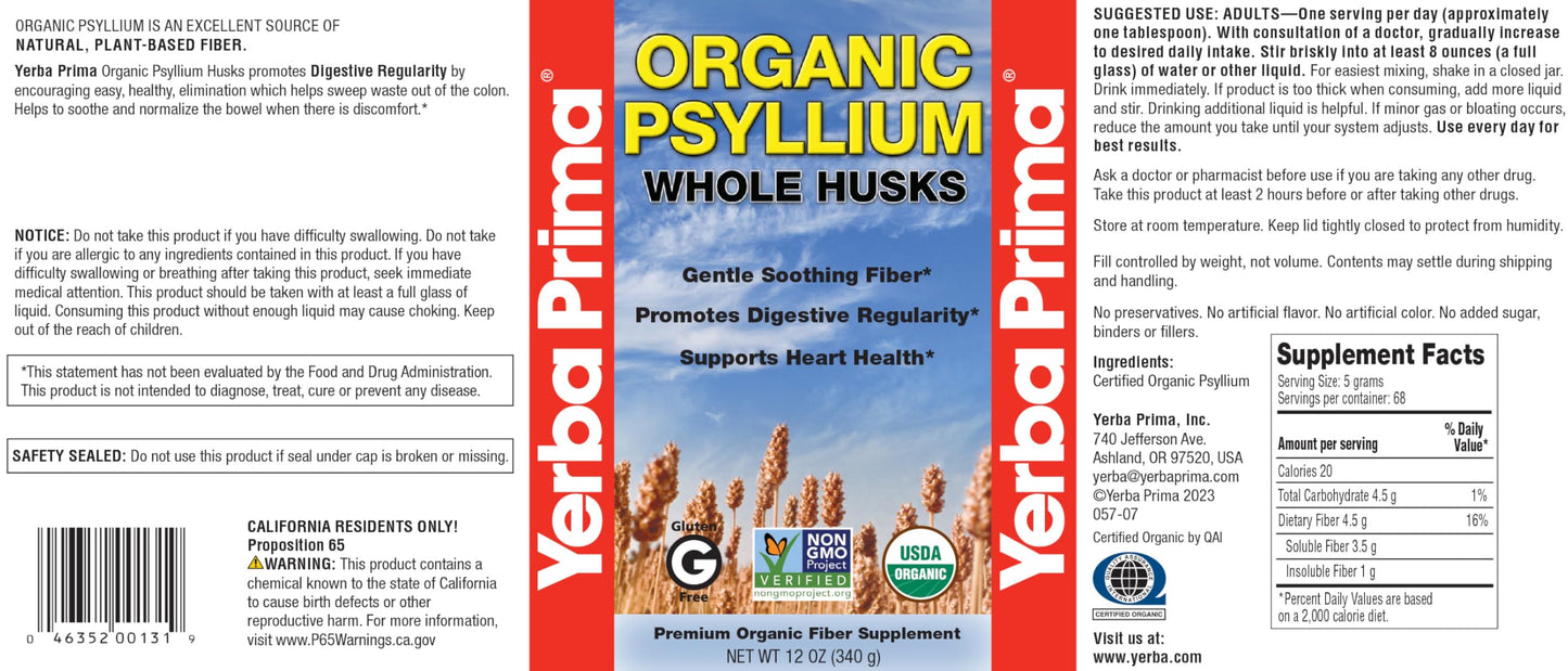 Yerba Prima Organic Psyllium Whole Husks 12 oz – Natural Dietary Fiber, Non-GMO, Gluten Free, Keto & Vegan Friendly