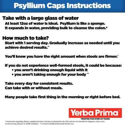 Yerba Prima Psyllium Husks 180 Veg Caps (625mg) – Vegan, Non-GMO, Gluten Free