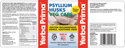 Yerba Prima Psyllium Husks 180 Veg Caps (625mg) – Vegan, Non-GMO, Gluten Free