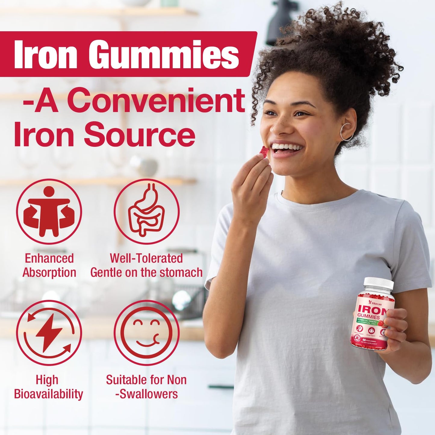 Yikecao Iron Supplement Gummies - Vegan Iron for Women & Men, Strawberry Flavor, 60 Count