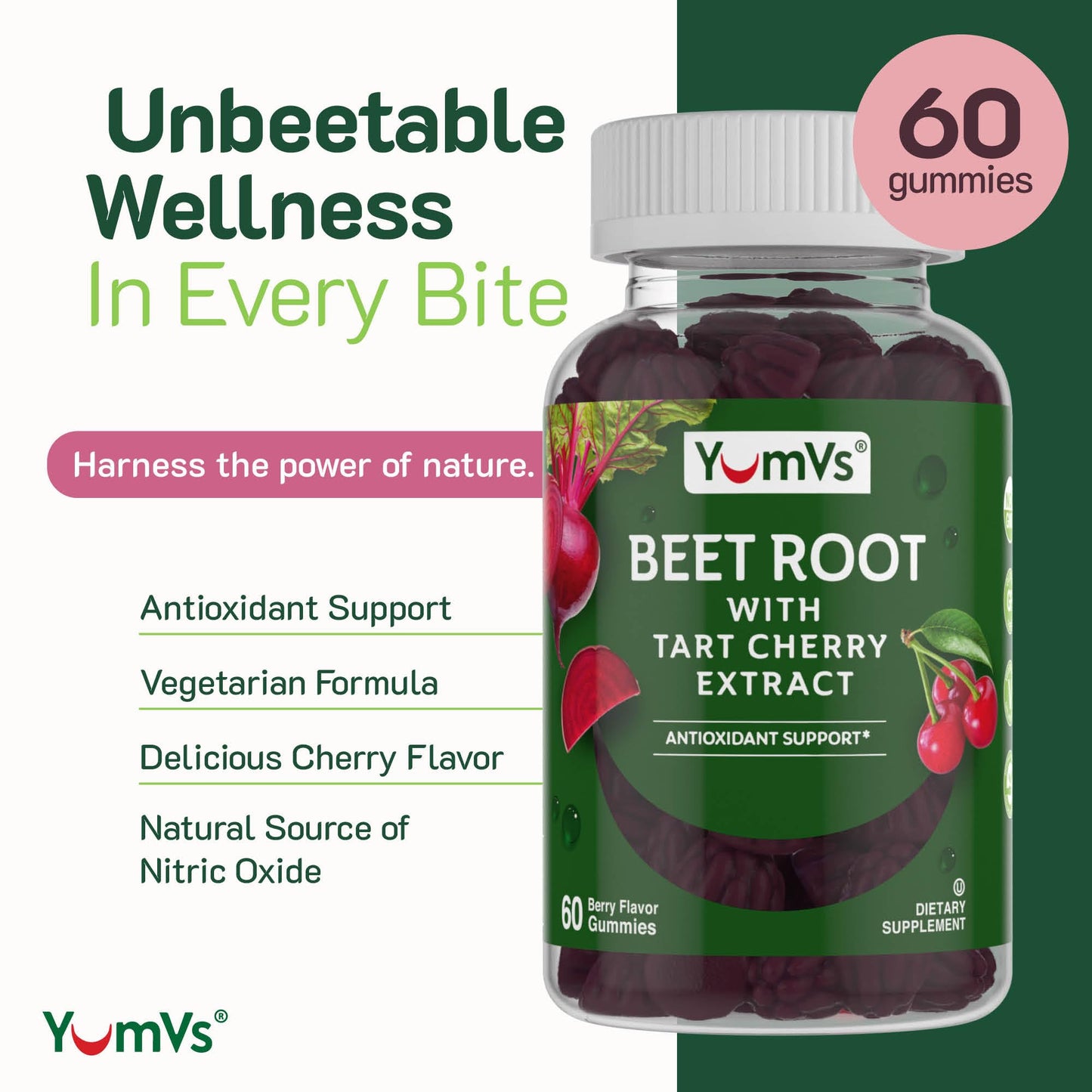 YUM-V'S Beet Root Gummies with Tart Cherry – Berry Flavor, Antioxidant & Circulation Support