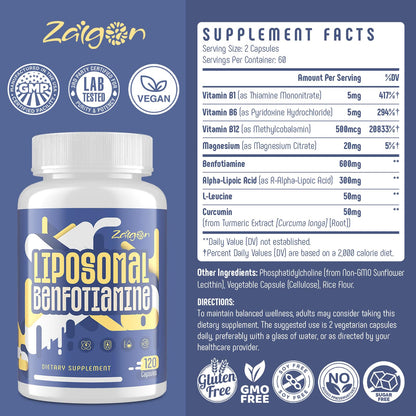 Zaigon Benfotiamine B1 600mg Liposomal | 120 Vegan Capsules | Energy & Nerve Support