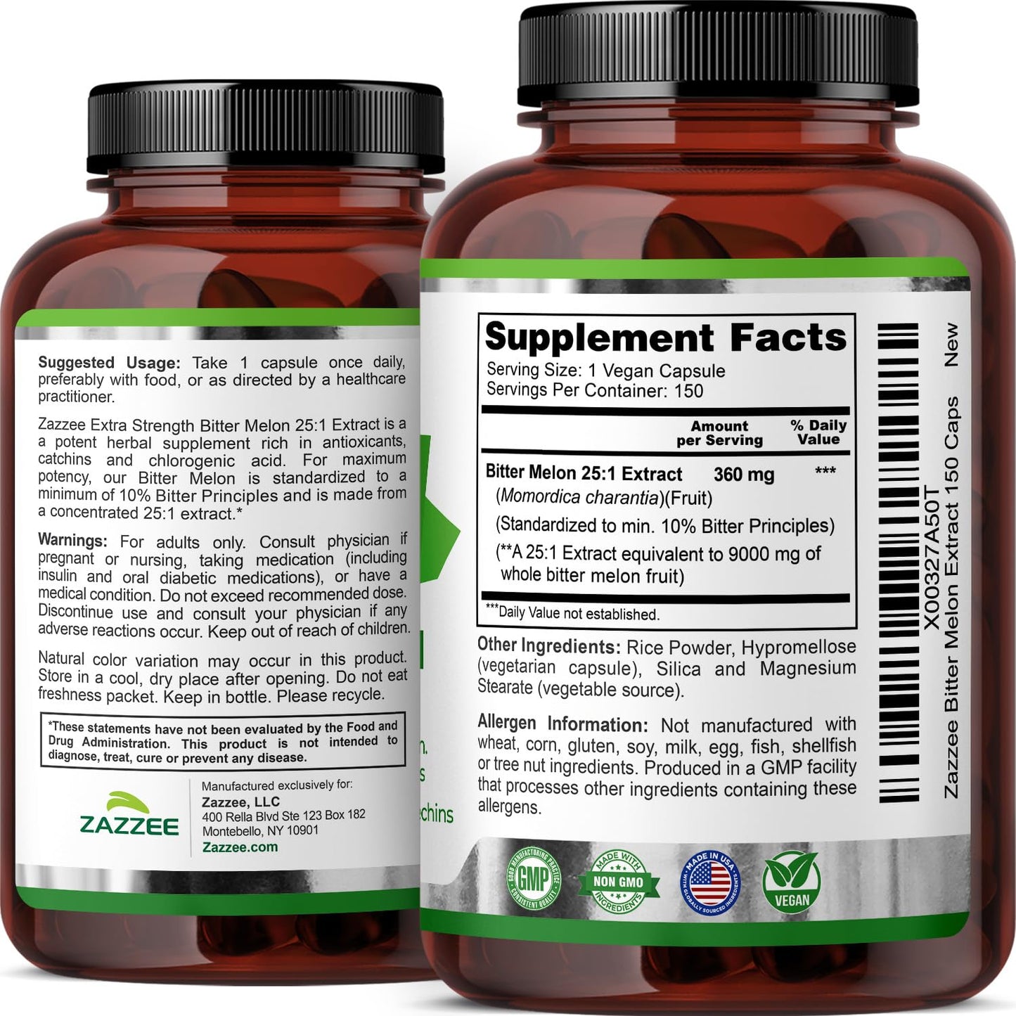 Zazzee Extra Strength Bitter Melon 25:1 Extract – 9000 mg, 10% Bitter Principles, 150 Vegan Capsules, 25X Standardized, Non-GMO