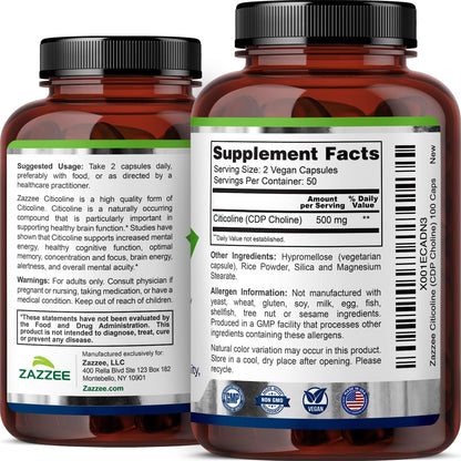 Zazzee Extra Strength Citicoline 500 mg – 100 Vegan Capsules | CDP Choline