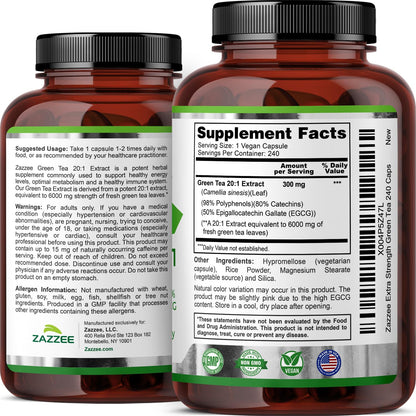 Zazzee Extra Strength Green Tea 20:1 Extract – 6000 mg, 8-Month Supply, 240 Vegan Capsules, 50% EGCG, 98% Polyphenols