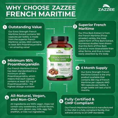Zazzee Extra Strength French Maritime Pine Bark Extract 20:1 – 350 mg per Capsule, 180 Vegan Capsules