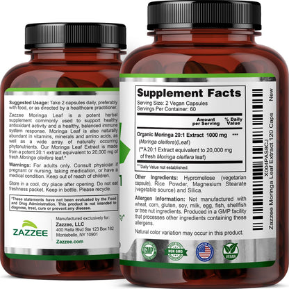 Zazzee Organic Moringa 20:1 Extract – 20,000 mg Strength, 120 Vegan Capsules, USA Made