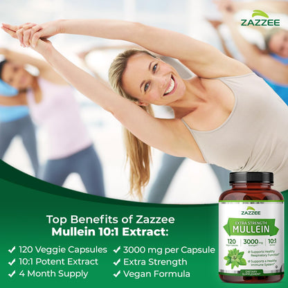 Zazzee Extra Strength Mullein 3000 mg – 120 Veg Capsules (4 Month) | 10:1 Extract