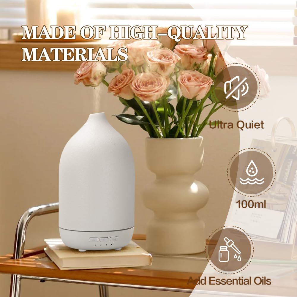 ZEIGGA LAB 100ml Ceramic Essential Oil Diffuser - Large Room, 5 Timers, Auto-Off, Warm Ambient Light