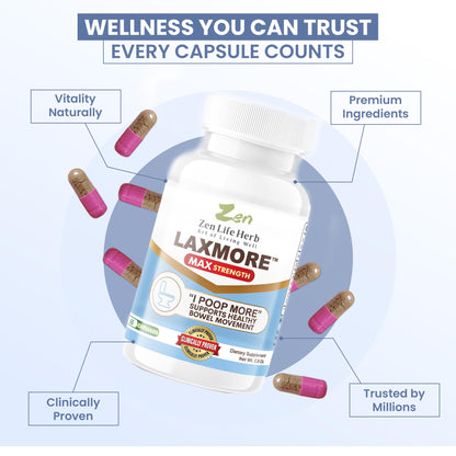 ZEN LIFE HERB LAXMORE Max Strength – 100% Natural Plant-Based Digestive Support (60 Capsules)