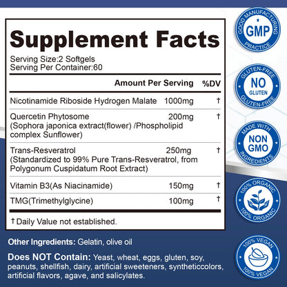 ZHPHK 1700mg NMN with Resveratrol, Nicotinamide Riboside Quercetin Phytosome & TMG – NAD Energy, Anti-Aging, 120 Count