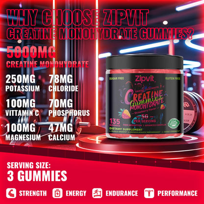 Zipvit Creatine Monohydrate Gummies (5g) – Pre-Workout Energy & Muscle Growth – Strawberry Electrolyte 135 Count