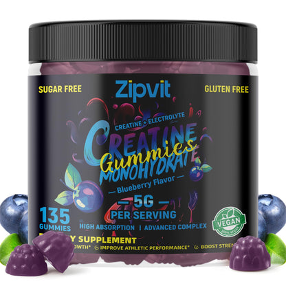 Zipvit Creatine Monohydrate Gummies (5g) – Pre-Workout Energy & Muscle Growth Support for Men & Women | Blueberry Electrolyte Gummies 135 Count